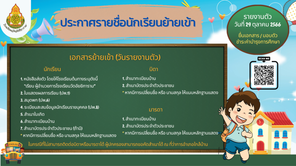 ประกาศรายชื่อนักเรียนย้ายเข้า